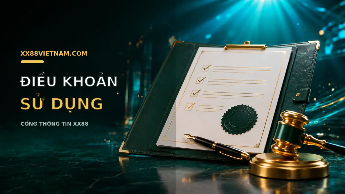 Tài liệu và búa pháp lý minh họa cho điều khoản sử dụng XX88